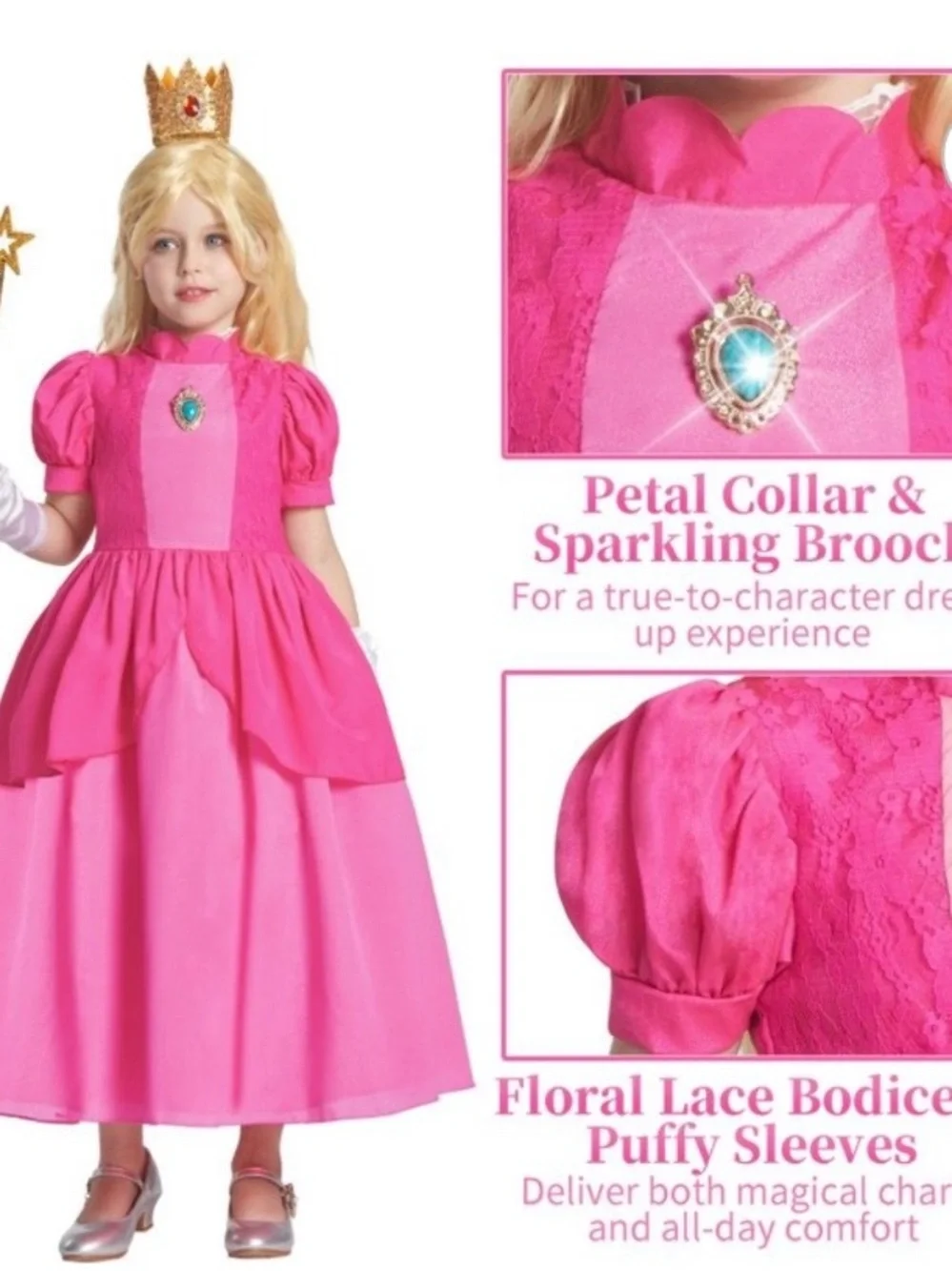 NWT Princess Peach Costume Full Set Size 140 | Dress Wig Gloves Wand Crown